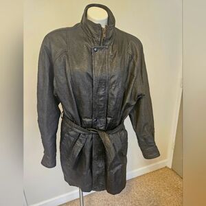 Black Belted Trench Coat with Stand-Up Collar